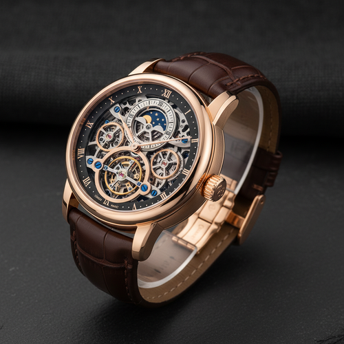 Luxury watch with rose gold case on dark slate surface