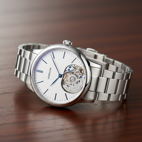 Automatic wristwatch with exhibition caseback on dark wooden surface