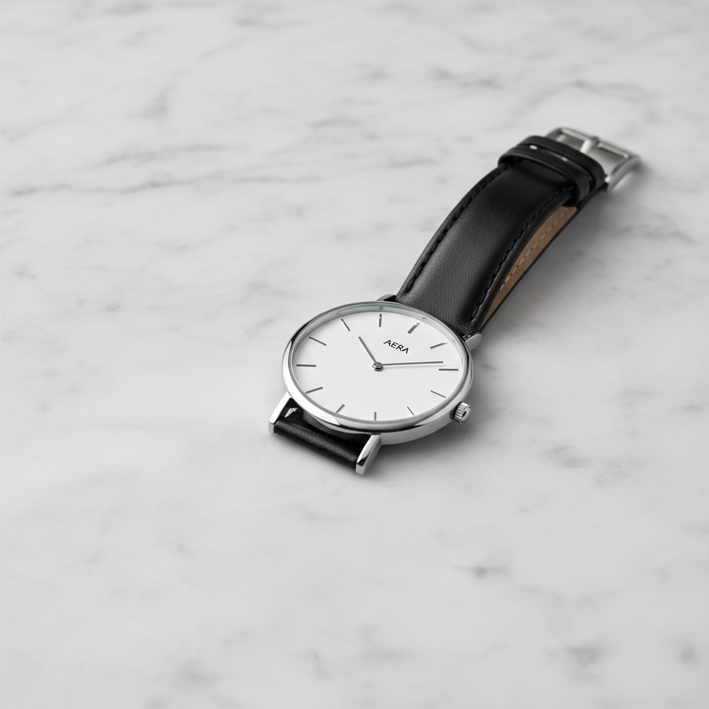 Slim quartz watch on light marble surface