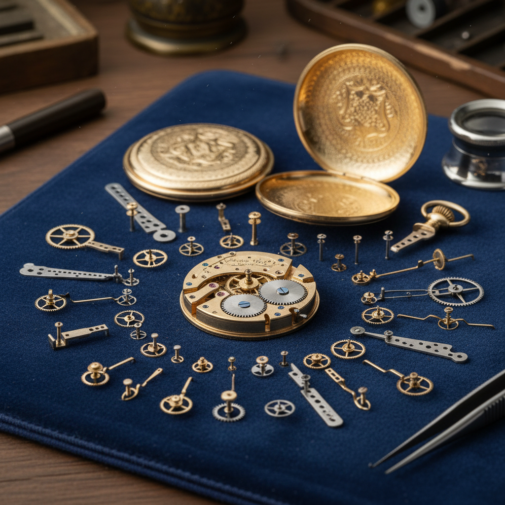 Antique pocket watch parts laid out for restoration on watchmaker's velvet mat